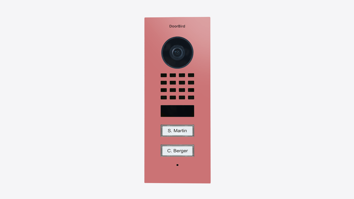 Antique pink front of flush-mount IP video door station with camera and two name labels