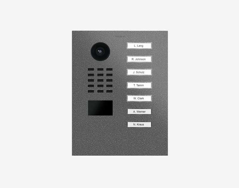 Stainless steel IP video door station with camera lens and seven nameplate call buttons