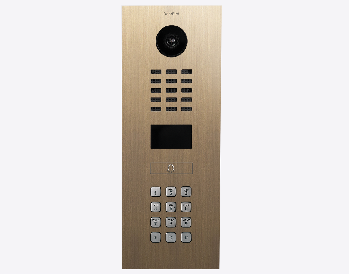 DoorBird video door intercom front panel in burnished brass with camera, speaker and buttons