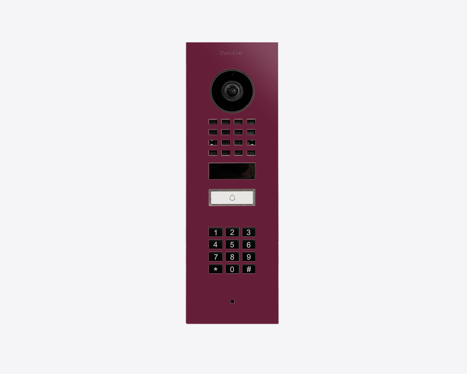 DoorBird flush mount IP video door station in claret violet with call button and keypad