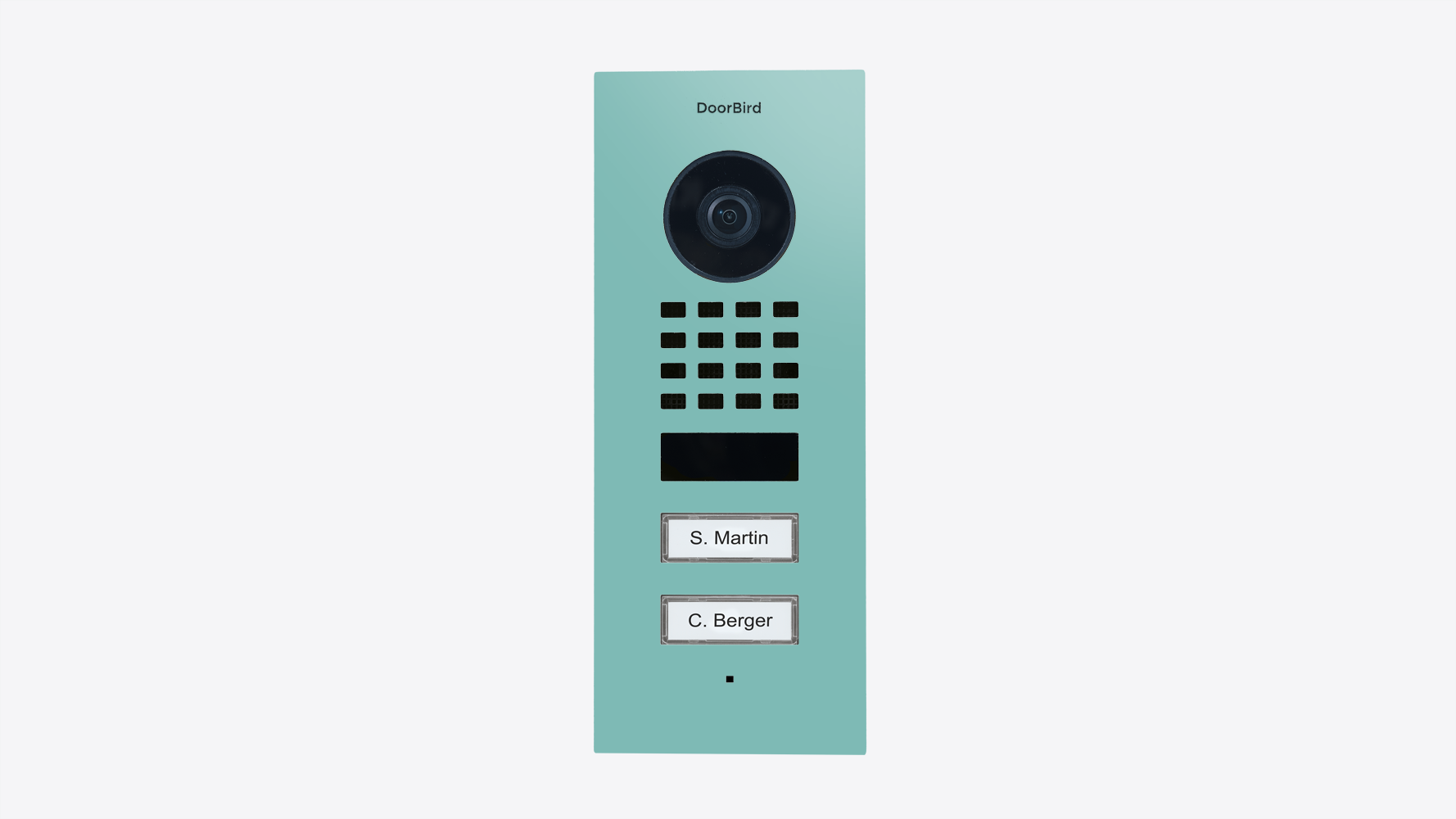 Light green flush-mount IP video door station with camera lens and call buttons
