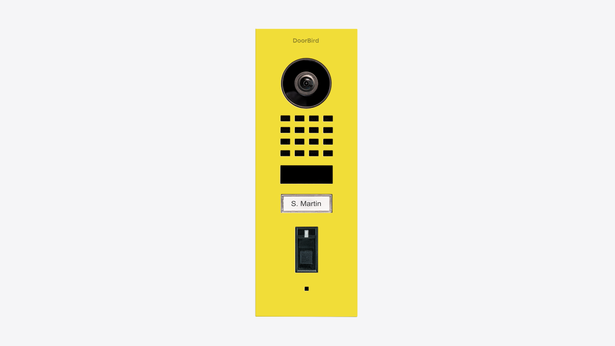 Sulfur yellow flush-mount IP video door station with camera, grille keypad, and speaker