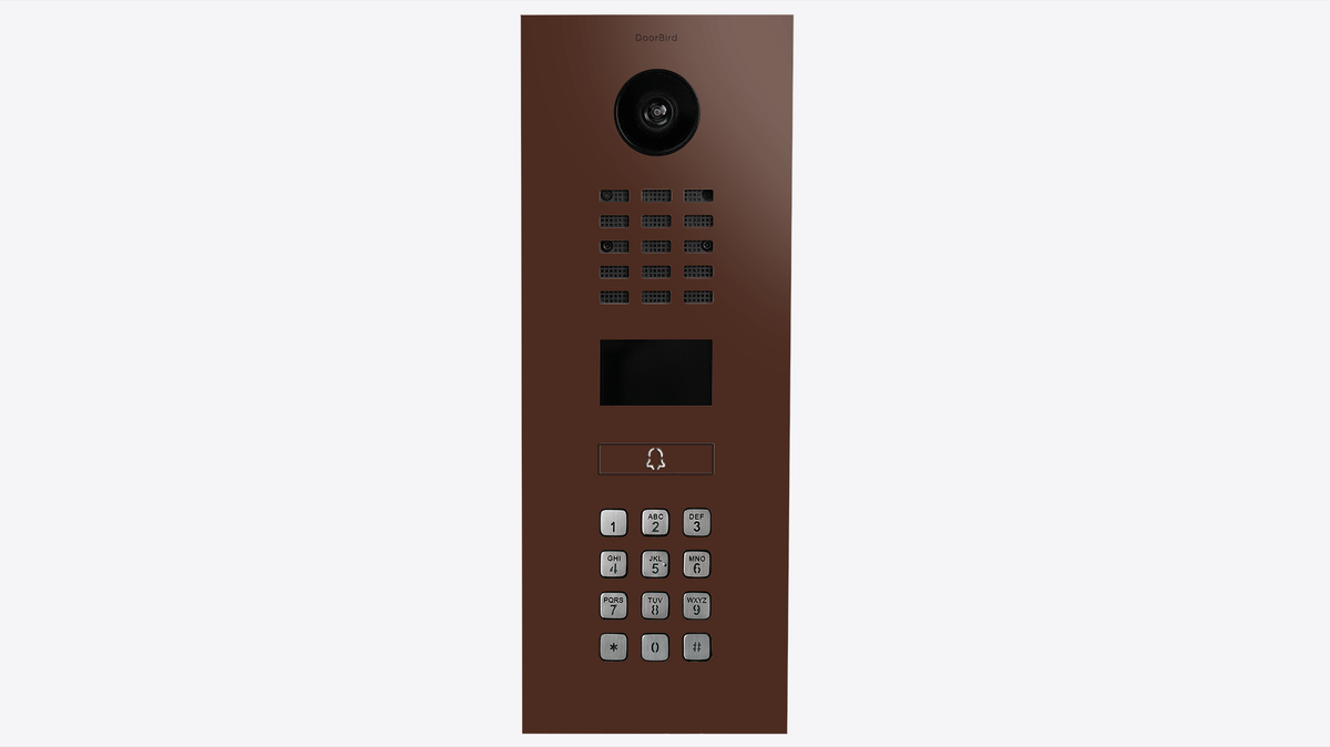 Mahogany brown video door intercom panel with camera, keypad and call button