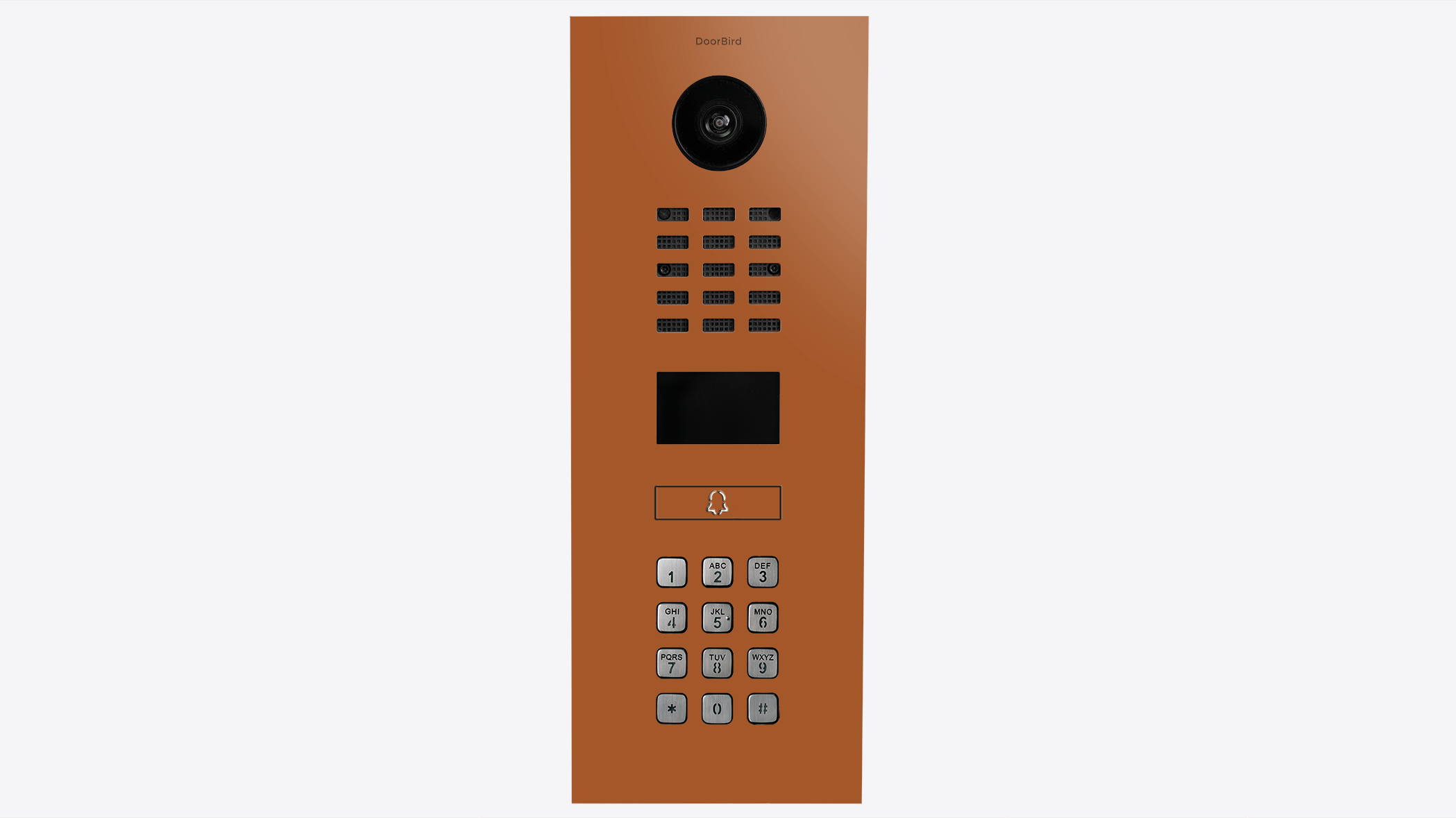 DoorBird video intercom panel in orange-brown with black camera and keypad buttons