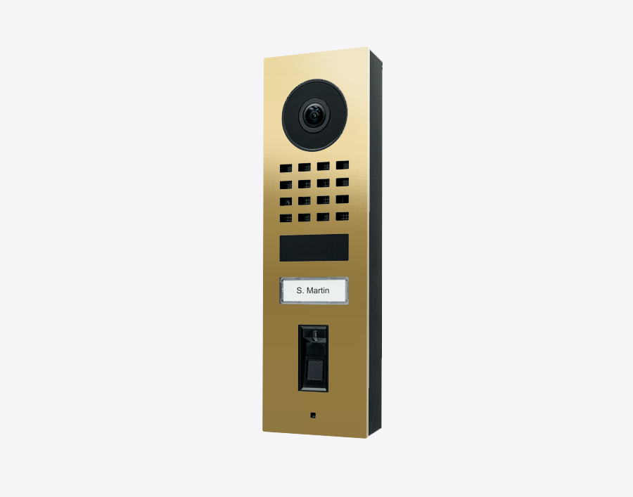DoorBird D1101FV brass surface-mount video door station with camera and keypad