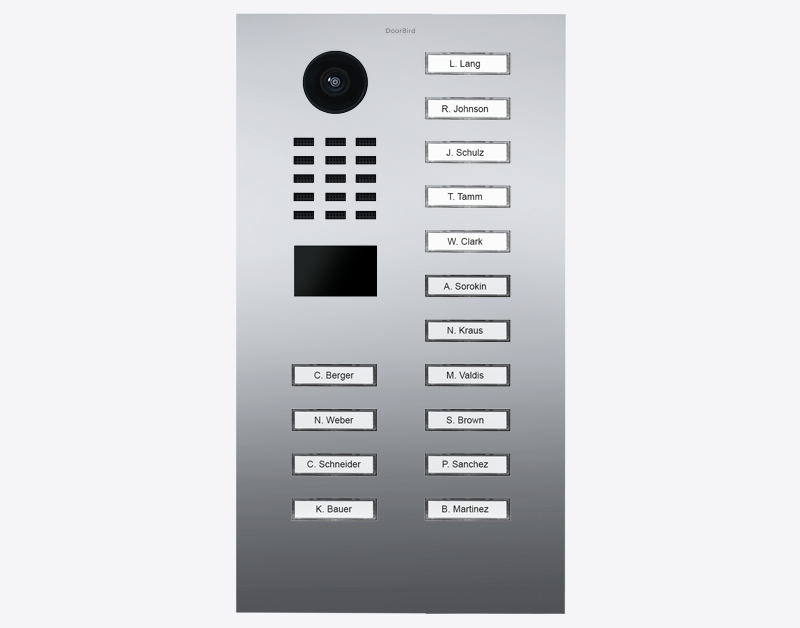 DoorBird IP video door station with camera lens and 15 call buttons, chrome finish