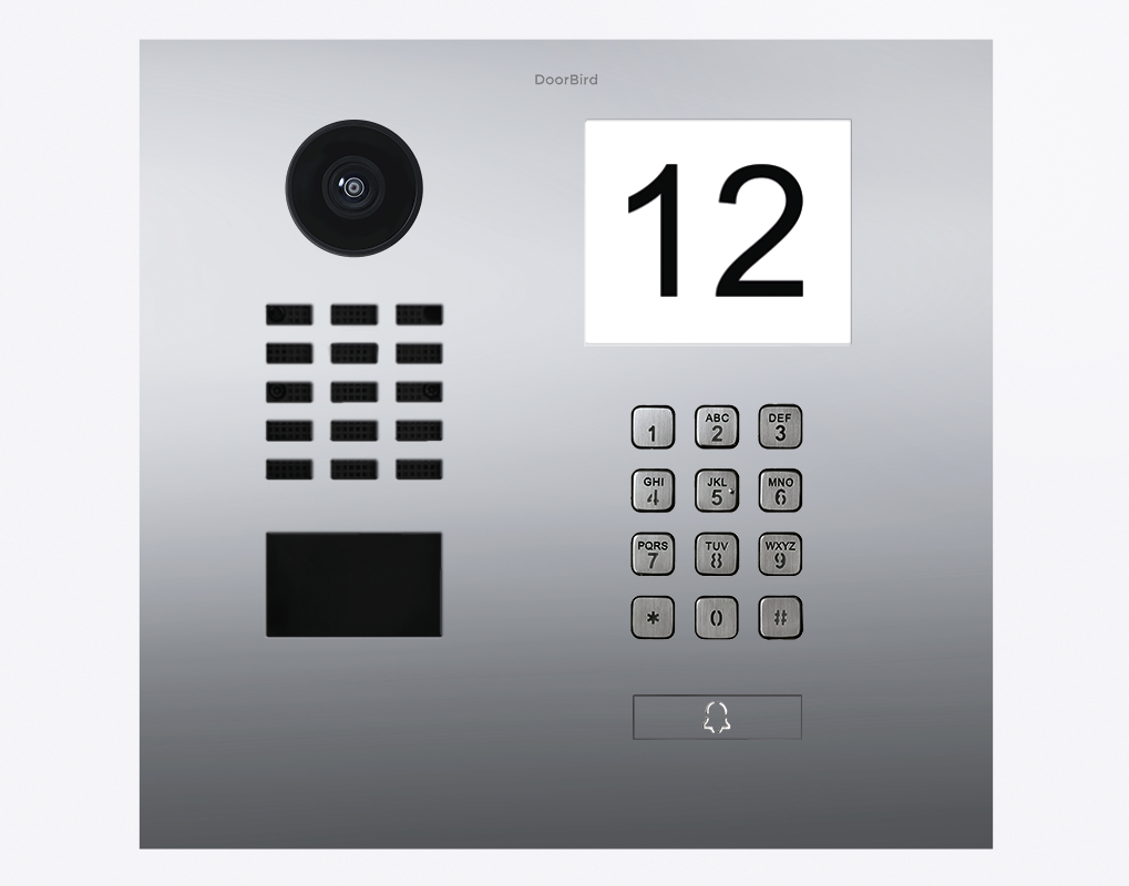 DoorBird IP video door station: camera lens, keypad, and '12' display.