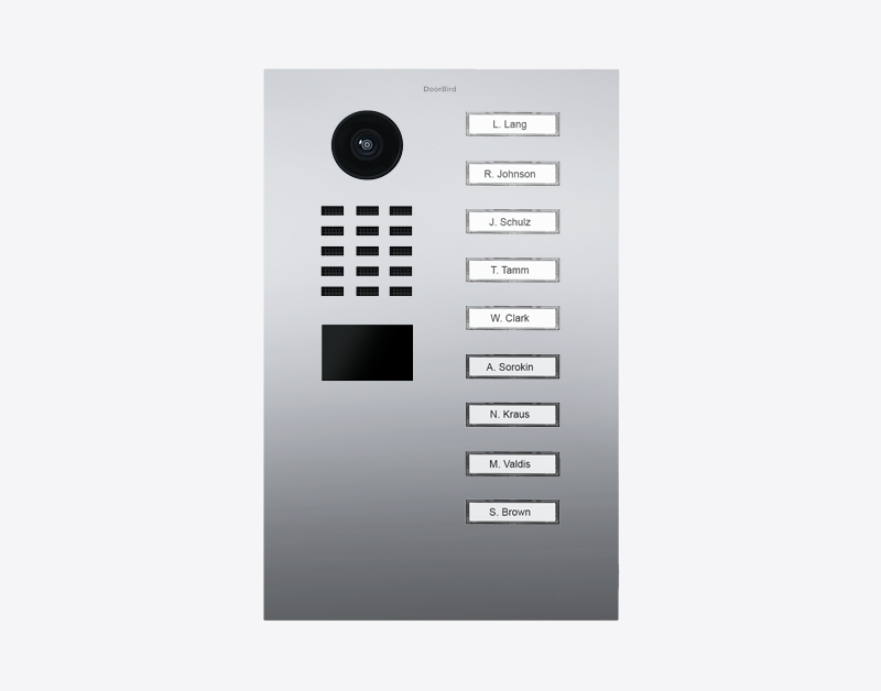 Video door station front panel with camera lens, 9 call buttons and name labels