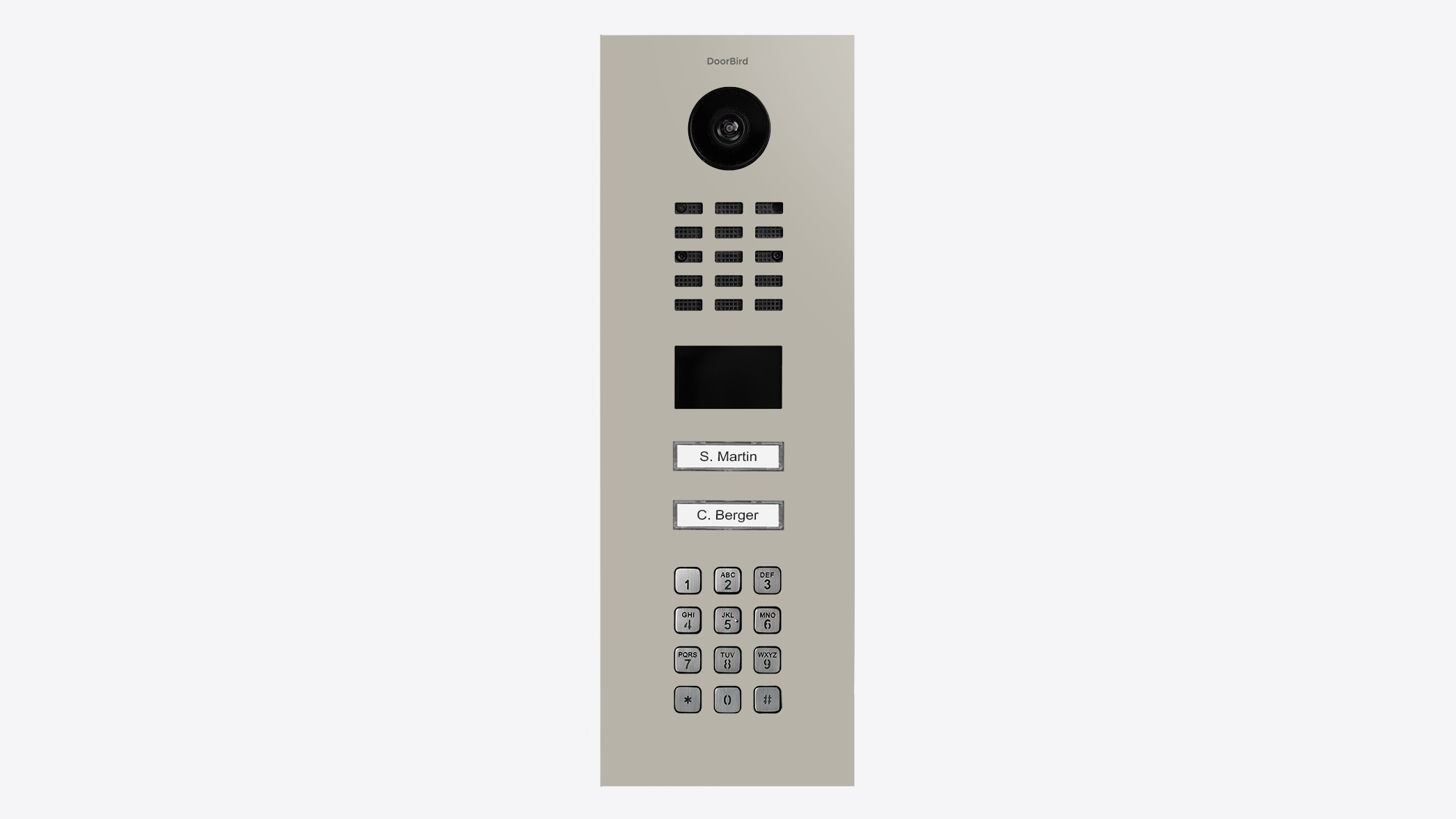 DoorBird IP video door station front panel, camera, speaker grille, and button keypad