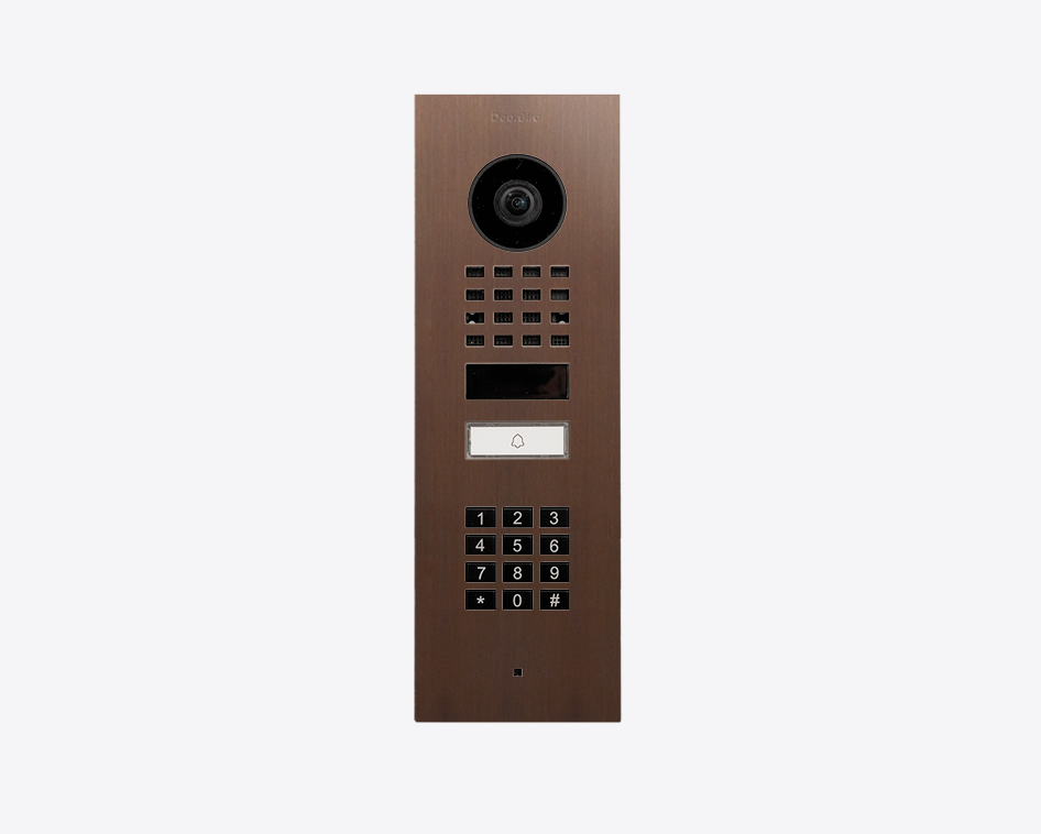 Architectural bronze flush-mount IP video door station with camera and numeric keypad