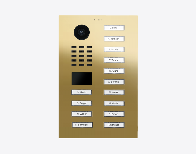 DoorBird D2114V brass video door station with camera lens and multiple name call buttons