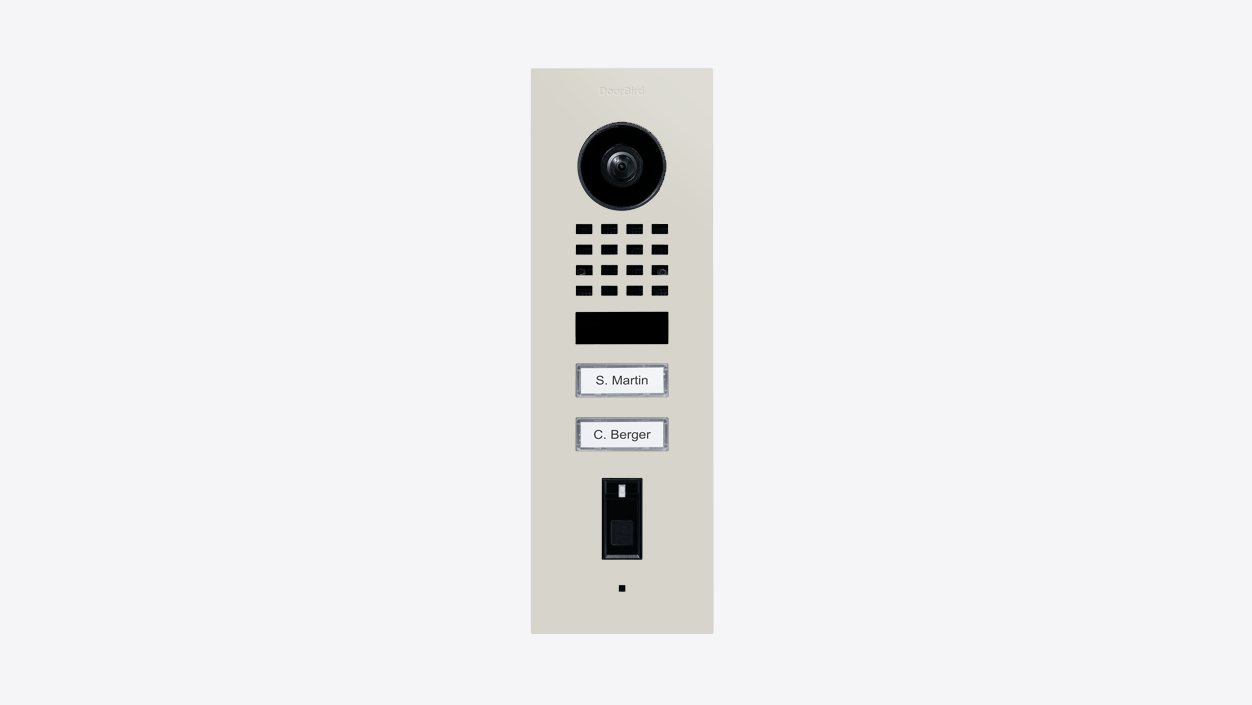 DoorBird flush-mount IP video door station, front view with camera, buttons, and fingerprint