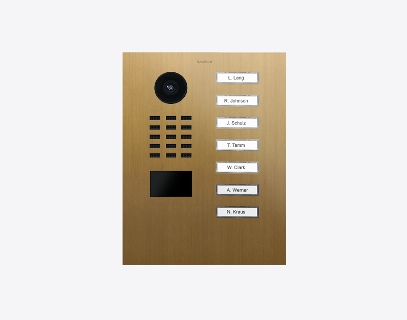 Gold IP video door station with camera lens and seven call buttons