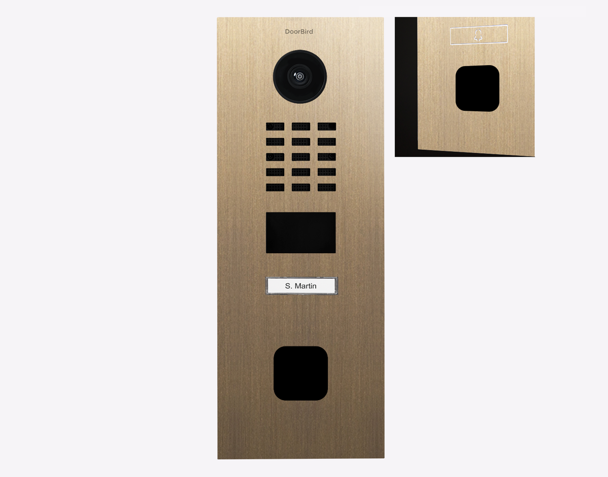 DoorBird IP video door station in real burnished brass, front buttons and camera