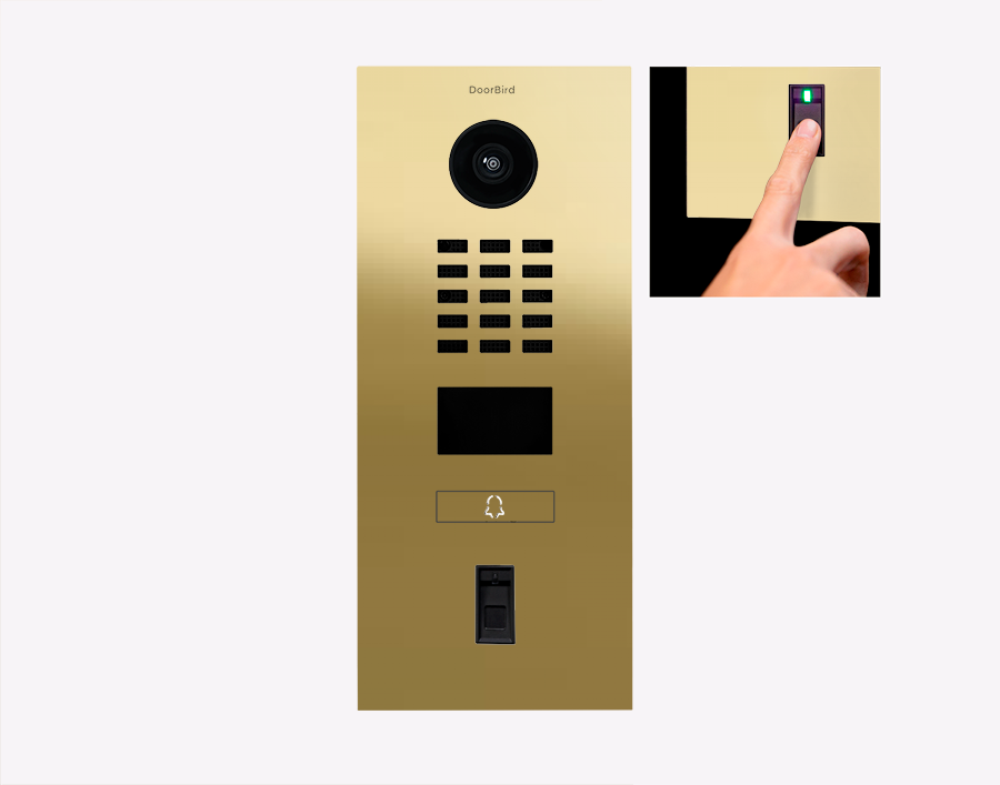 Brass video door station with camera, keypad grid, and control panel