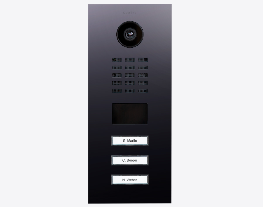 DoorBird D2103V IP video door station with camera lens, keypad and 3 call buttons