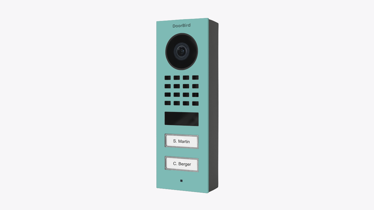 Light green DoorBird video door station: camera, speaker grille, nameplate buttons