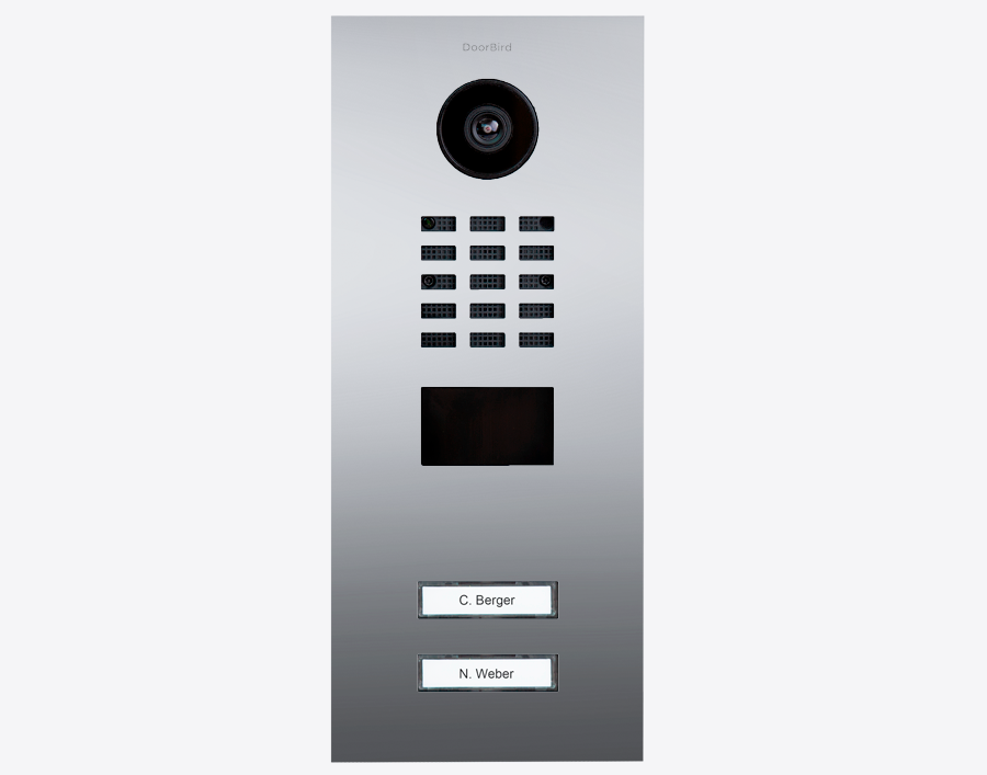 DoorBird D2102V IP video door station in chrome with camera, call keypad, and display