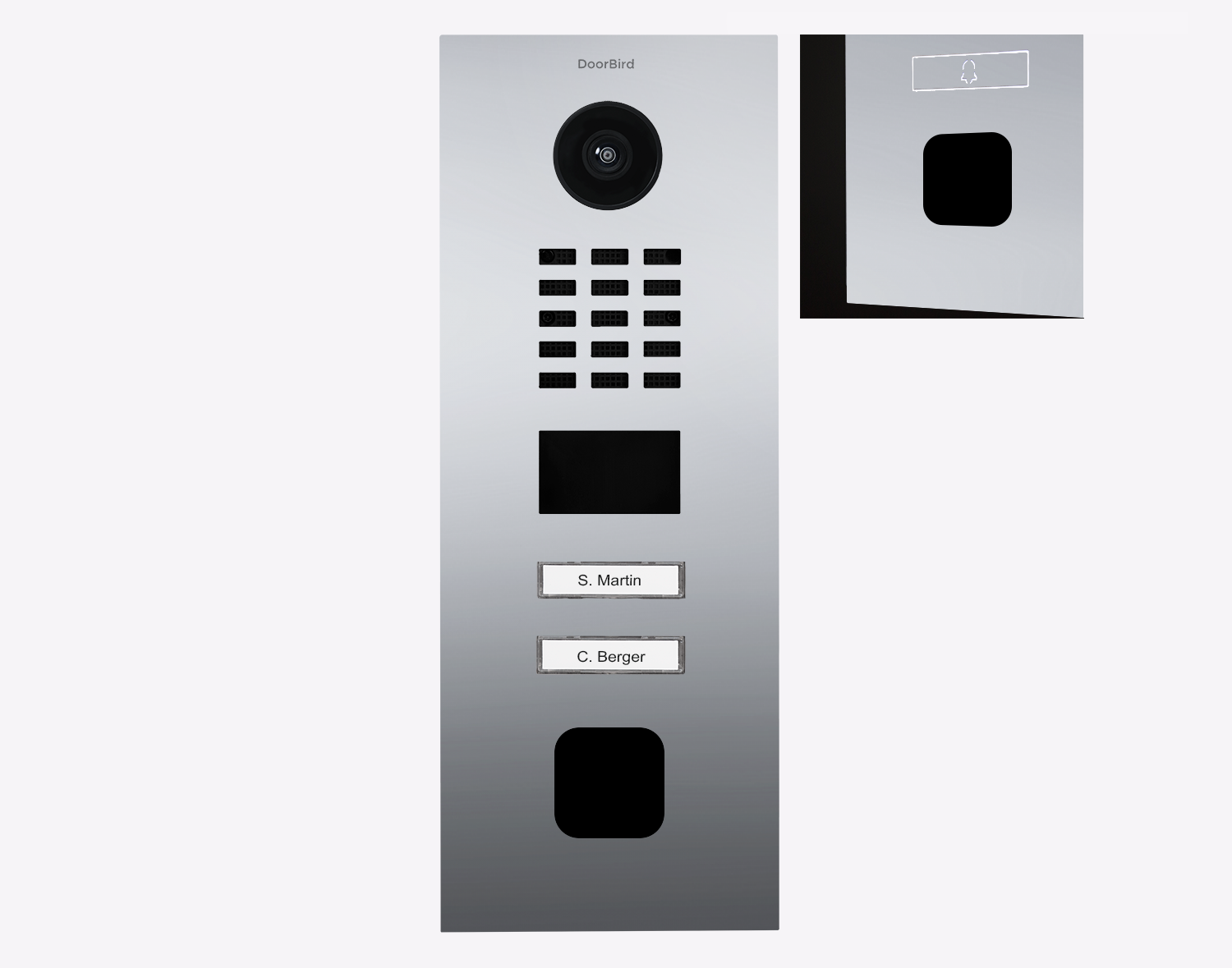 DoorBird D2102FV video door station in chrome finish with camera lens and two call buttons