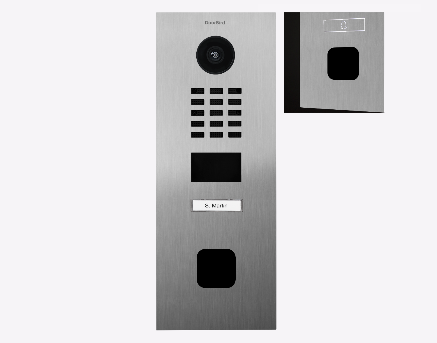 Stainless steel IP video door station with circular camera lens, keypad, and call buttons