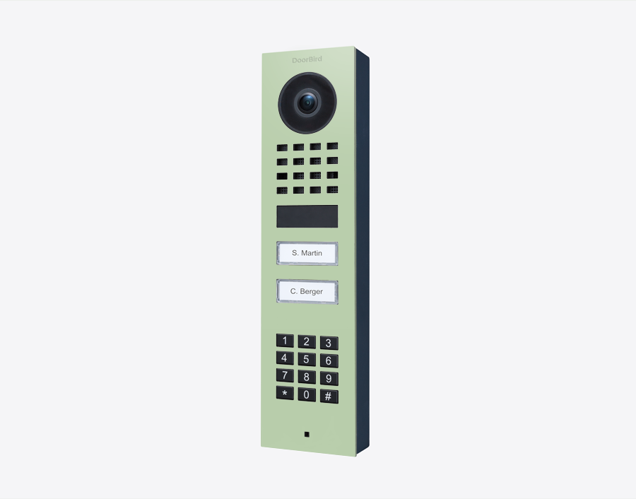 DoorBird pastel green surface-mount IP video door station with camera, keypad, two call buttons