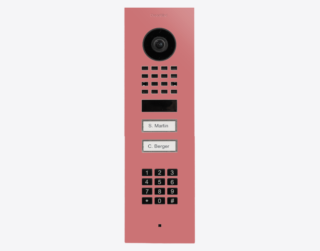 DoorBird flush mount video door station in antique pink with camera, keypad, two call buttons