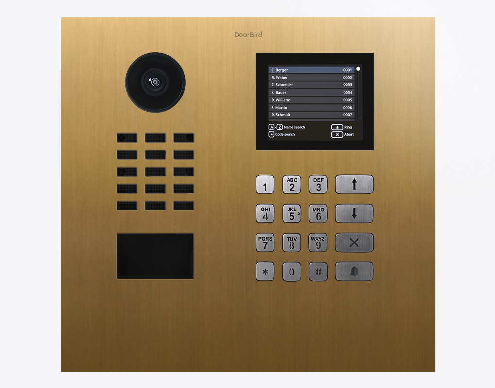 DoorBird D21DKH gold-tone IP video door station with keypad and camera lens
