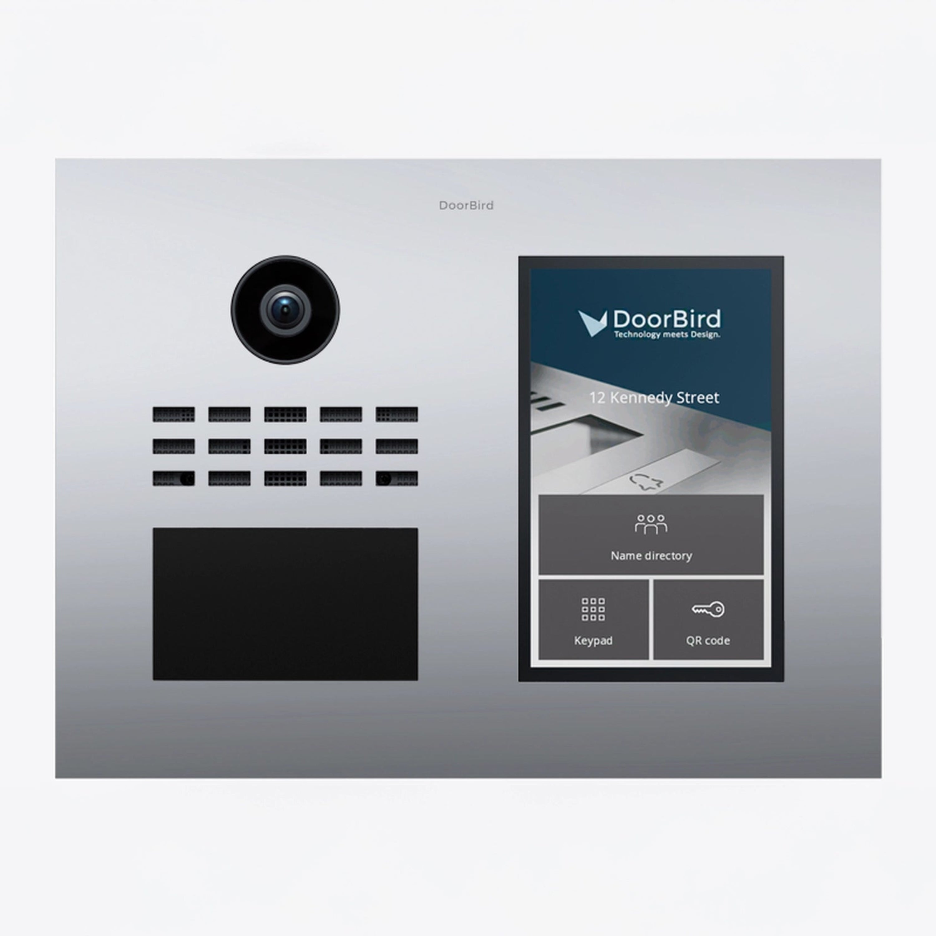 DoorBird IP video intercom module with camera, grille speaker, and name-directory screen