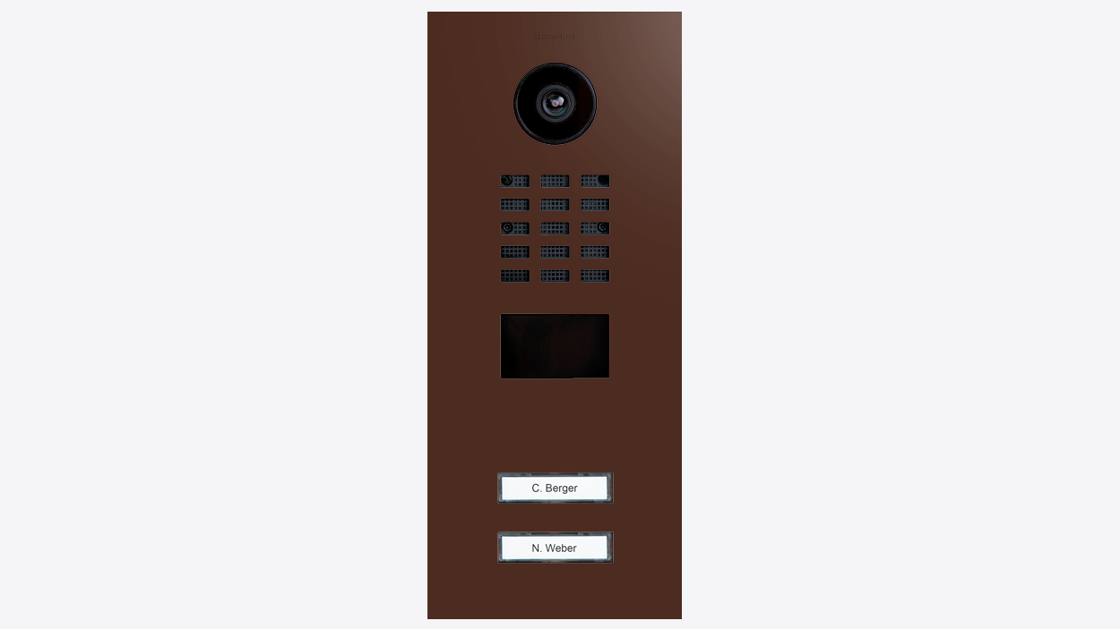Mahogany brown DoorBird video door station with camera lens and two call buttons