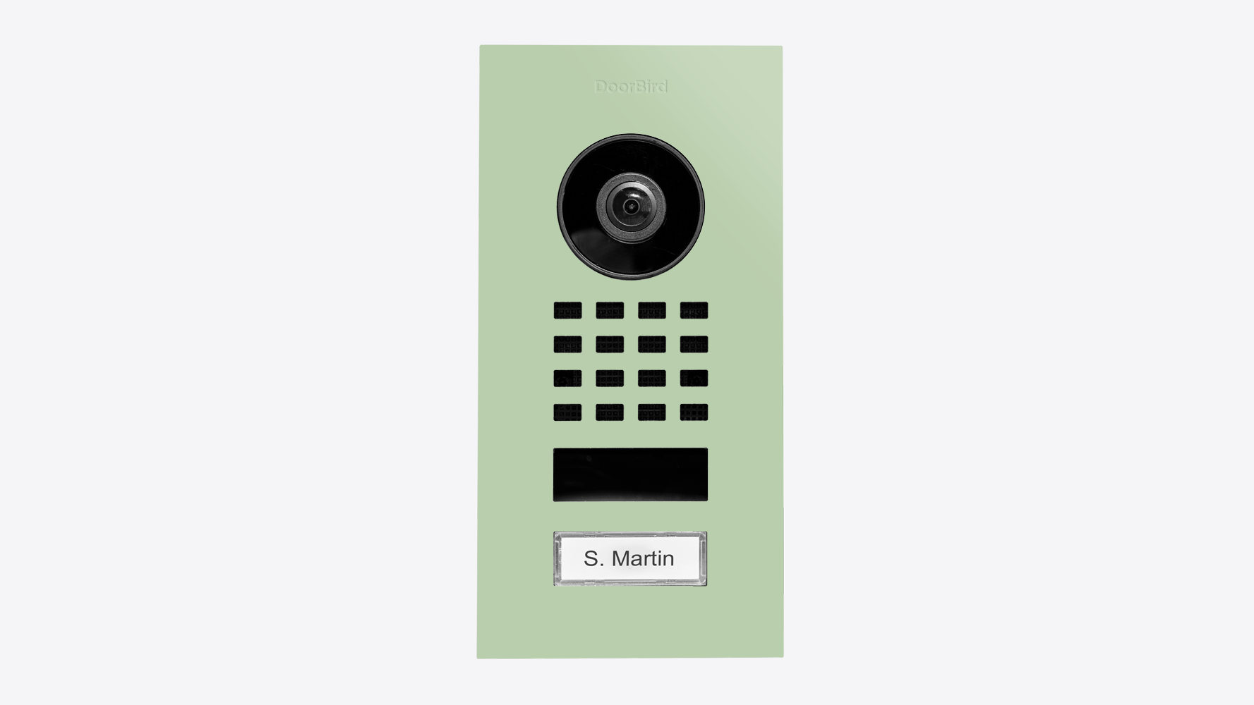 Pastel green DoorBird flush-mount IP video intercom with camera lens and keypad
