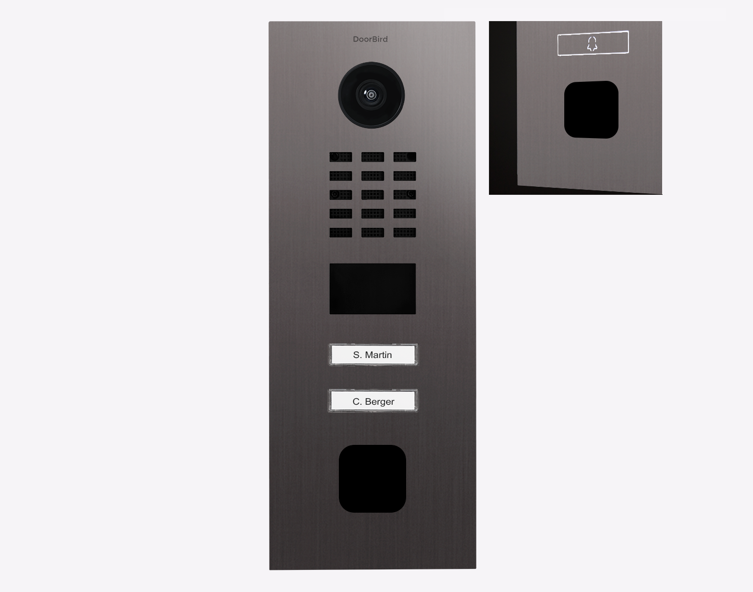 DoorBird titanium IP video door station with camera, keypad, and two call buttons