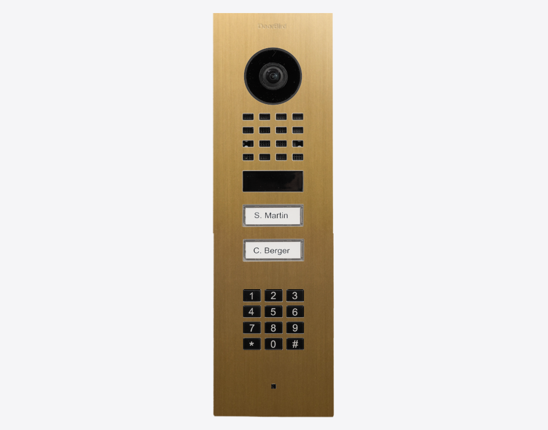 DoorBird flush mount video door station, gold faceplate with camera, keypad and call buttons