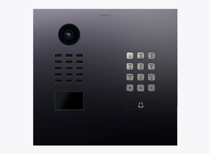 DoorBird Titanium IP video door station with camera lens and keypad call buttons