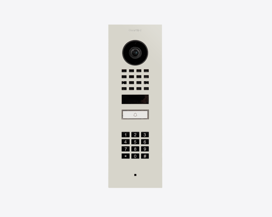 DoorBird flush mount IP video door station in light grey/white with camera and keypad