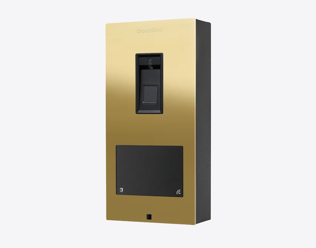 Brass-finish surface-mount fingerprint access control device with black sensor panel