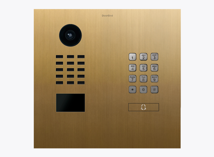 DoorBird gold IP video door station with camera lens and keypad call buttons