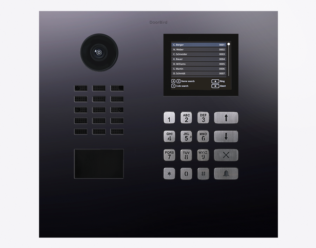 DoorBird titanium IP video door station with camera lens, keypad and call screen