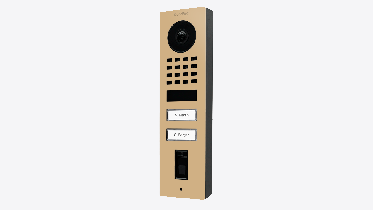 Beige DoorBird surface-mount video door station with camera, keypad, and fingerprint module