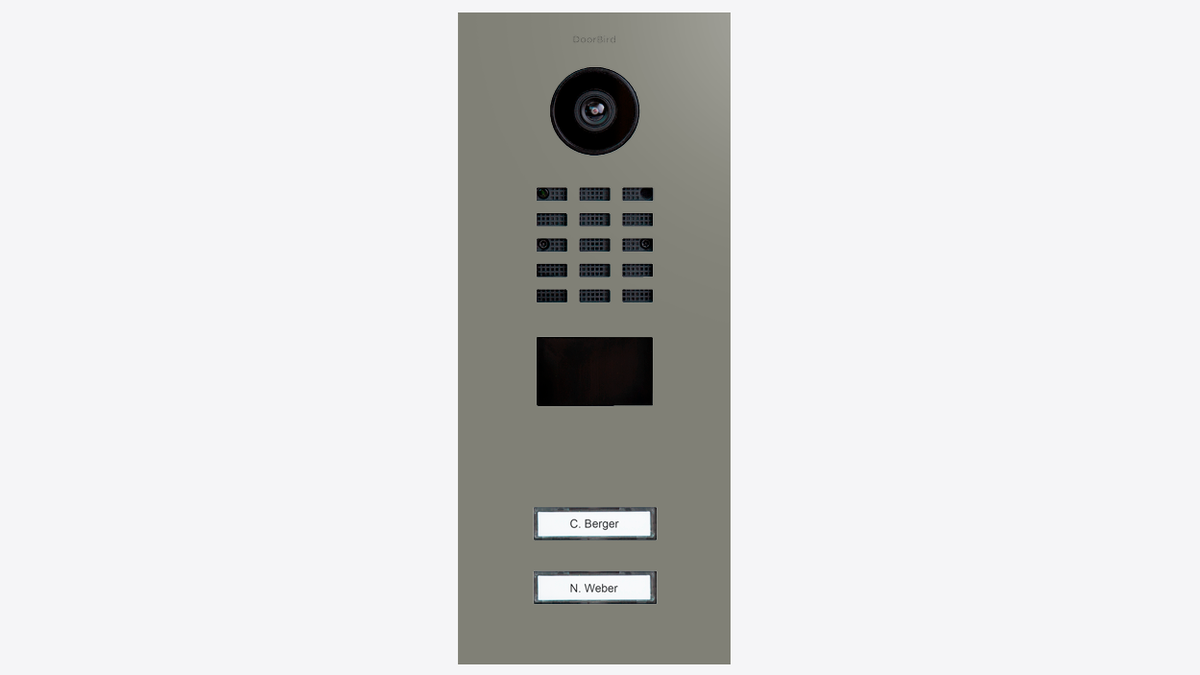 Concrete-grey DoorBird video door station with camera, button grid, and name labels