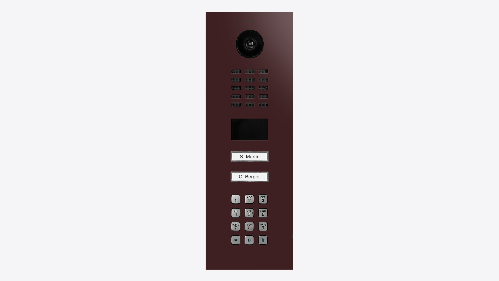 DoorBird door station front panel with camera, keypad, and call button in dark red