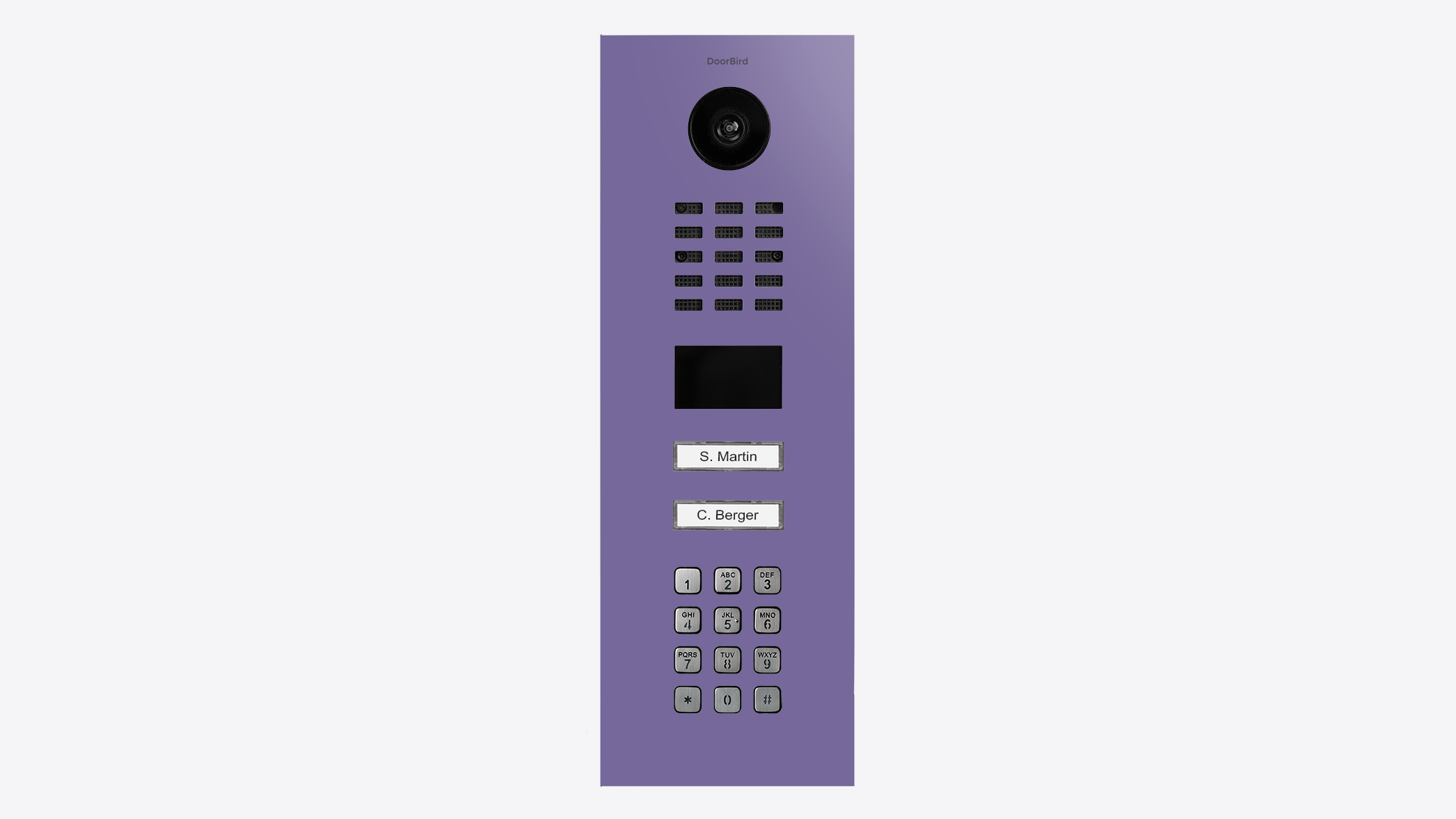 Lilac video door station panel with camera lens, speaker grille, and keypad call buttons