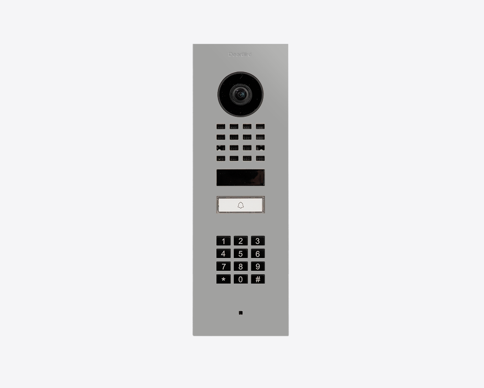 Flush-mount video door station with camera, keypad, and call button in light grey.
