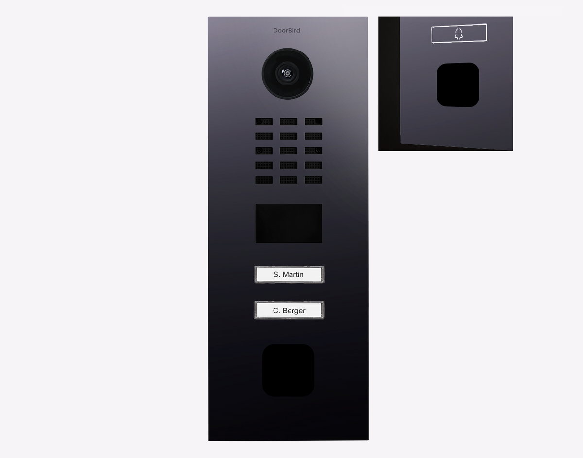 Titanium IP video door station with camera lens, two call buttons and name plates