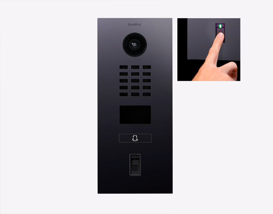 DoorBird IP video door station with camera lens, keypad, and fingerprint sensor in titanium