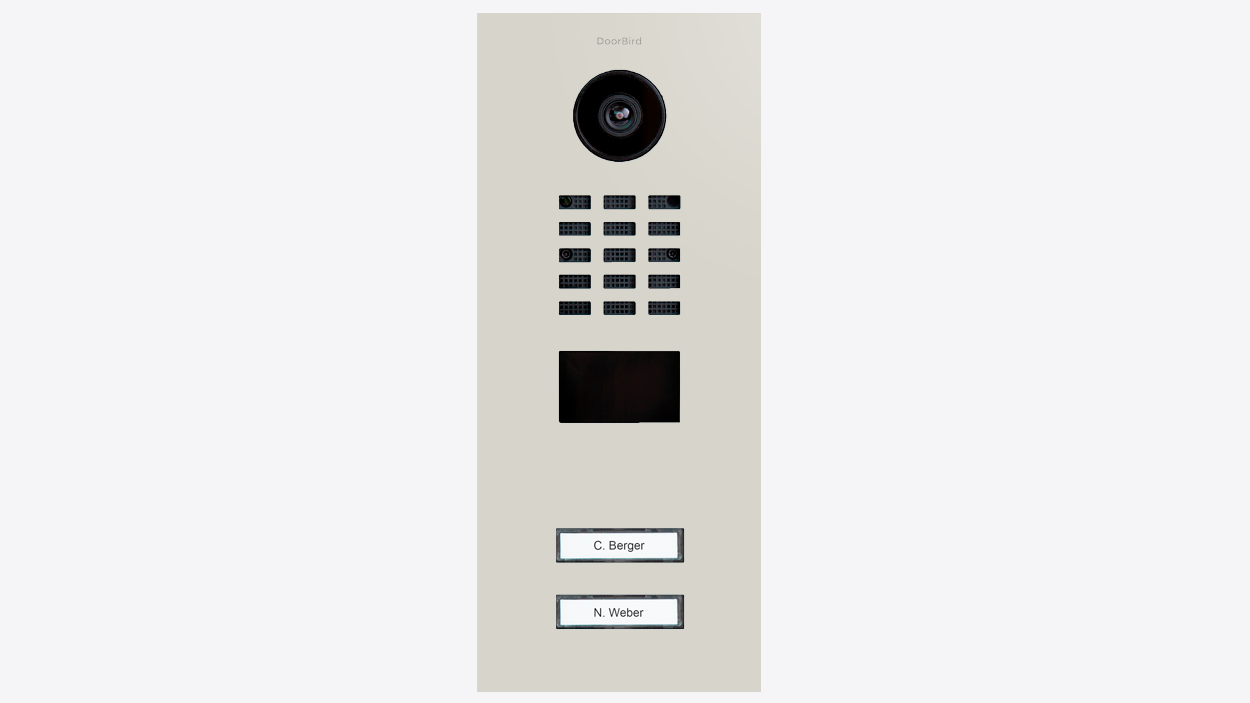 DoorBird IP video door station front view with camera, speaker grille, and 2 label buttons