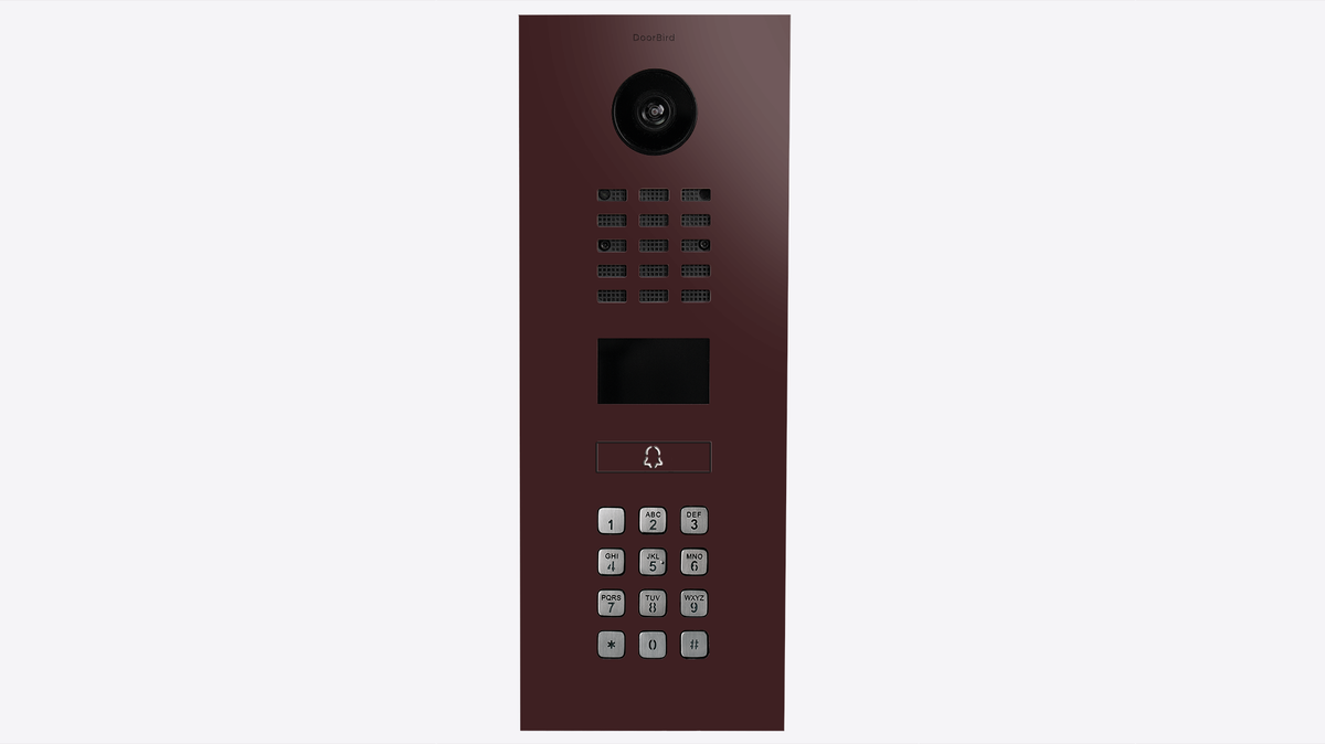 Slim video intercom panel with camera lens and keypad in maroon finish