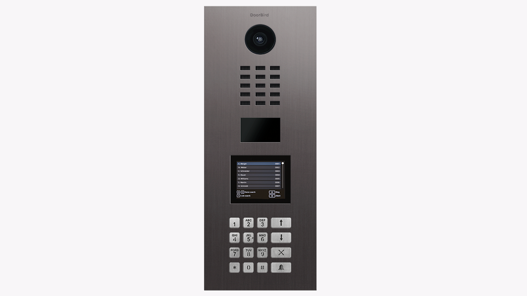 Titanium IP video door station with camera, speaker grille, and keypad panel