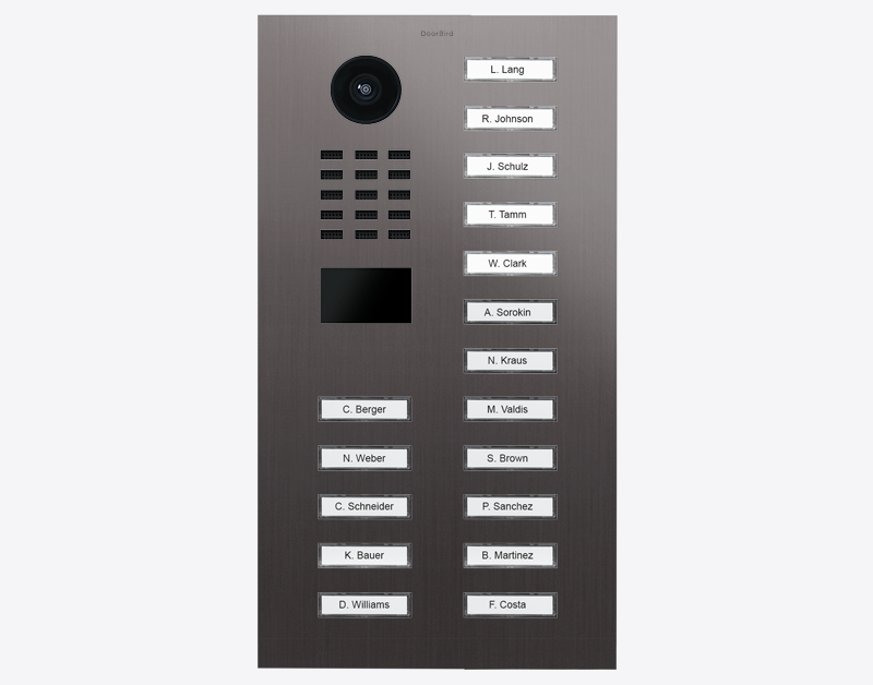 DoorBird IP video door station panel with 17 name call buttons in titanium