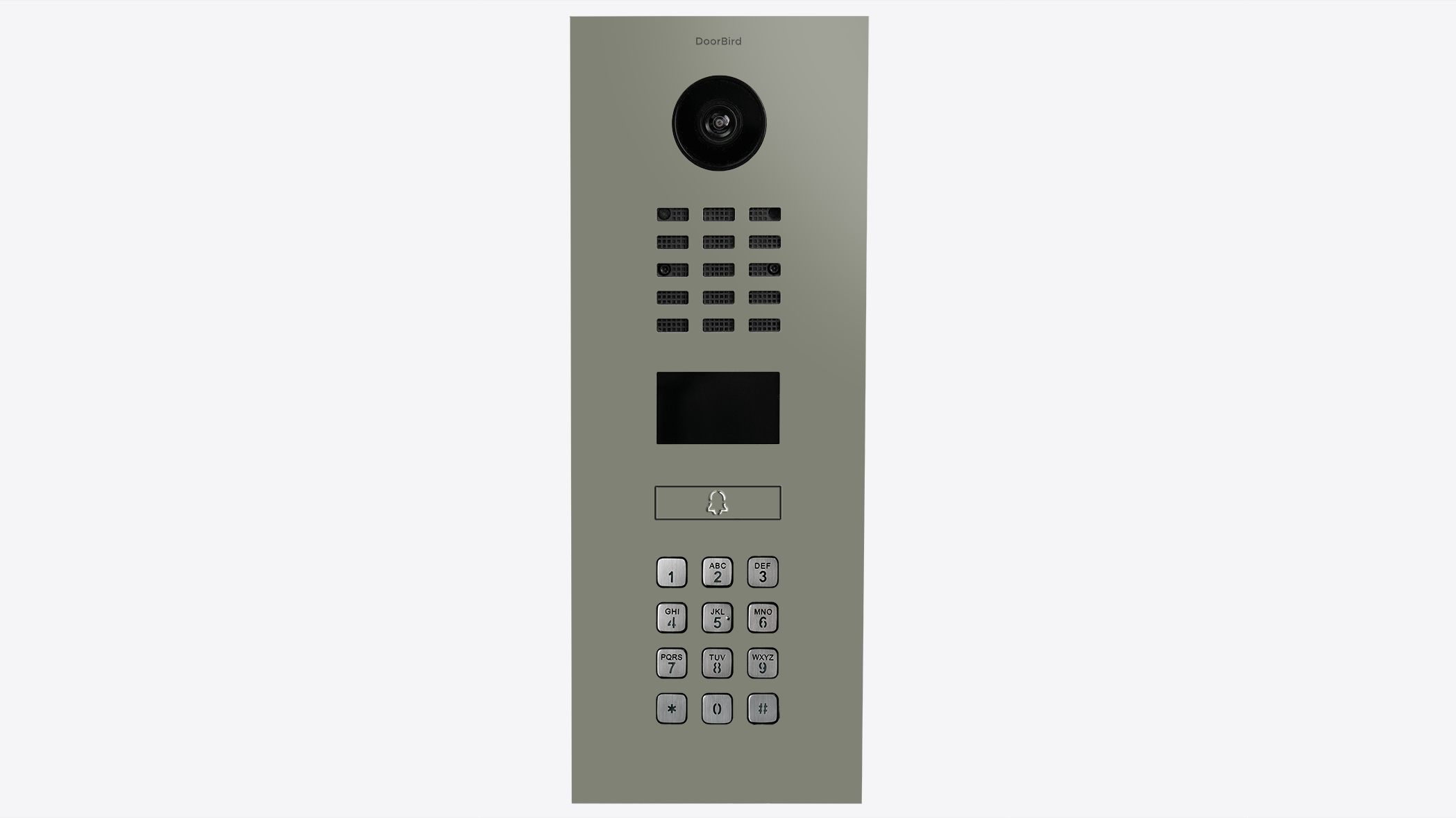 Cement grey intercom panel with camera at top, keypad, and speaker grille
