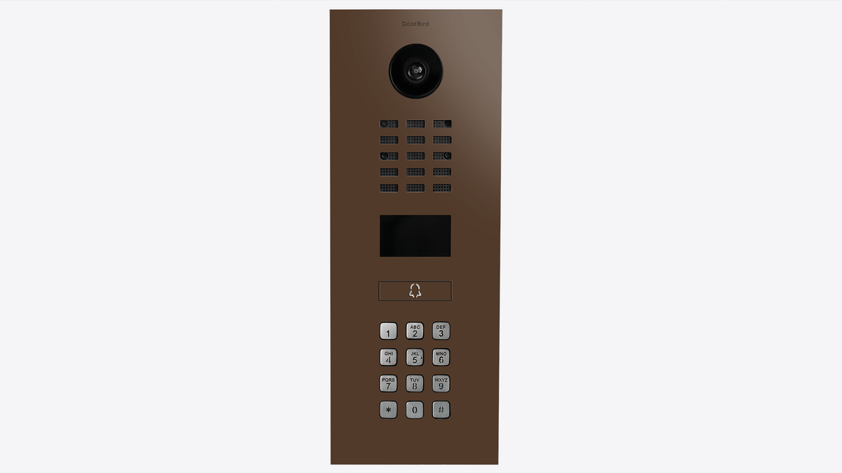DoorBird video door intercom in terra brown with camera lens and keypad